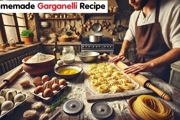 A chef in a rustic Italian kitchen rolling pasta dough for homemade garganelli, surrounded by traditional tools like a garganelli comb and rolling pin