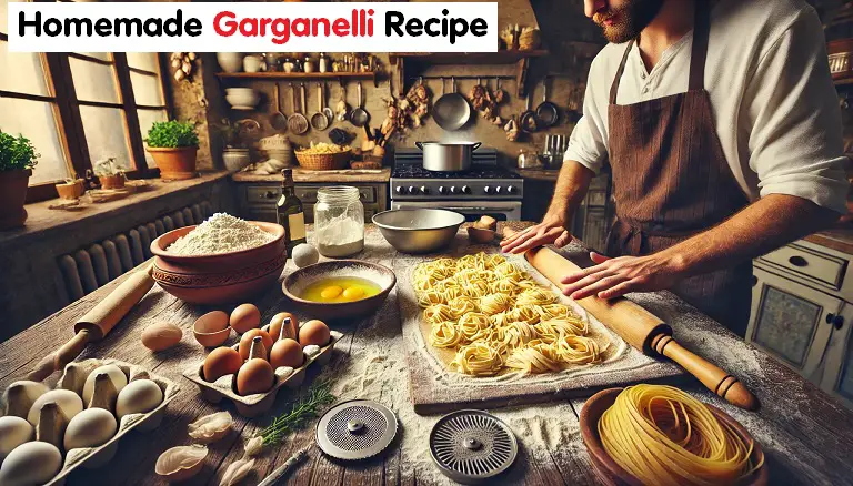 A chef in a rustic Italian kitchen rolling pasta dough for homemade garganelli, surrounded by traditional tools like a garganelli comb and rolling pin