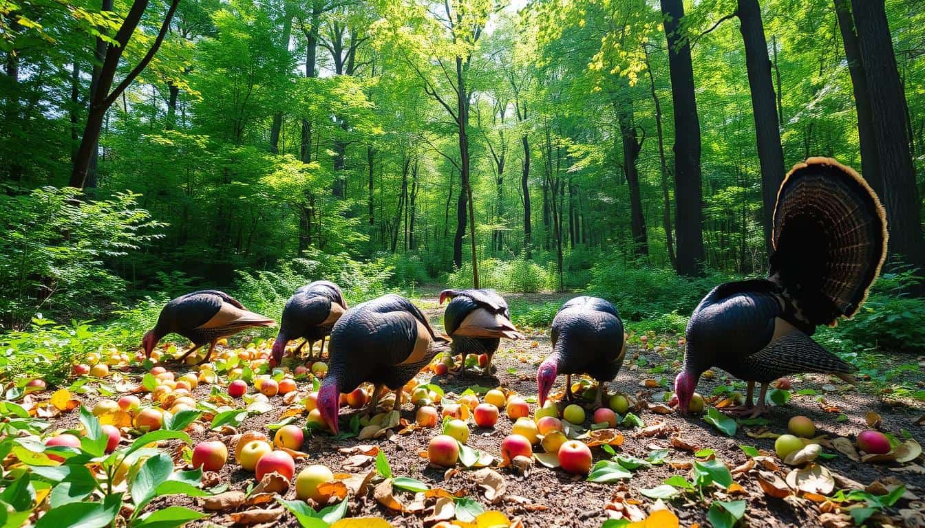 wild turkeys eating apples