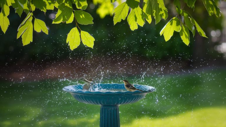 Bird bath in dappled shade with two small birds bathing in summer