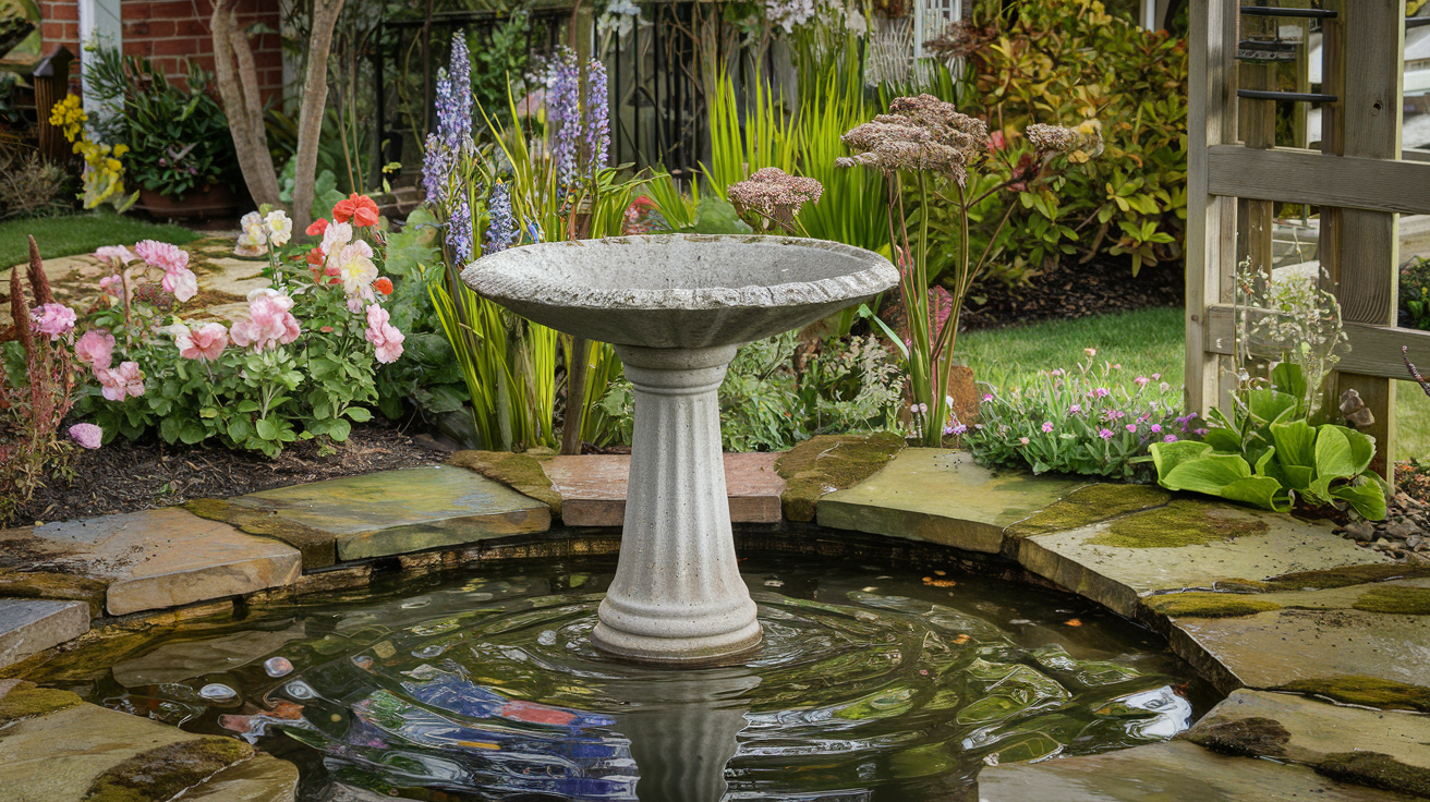 Weathered concrete pedestal bird bath in a cottage garden